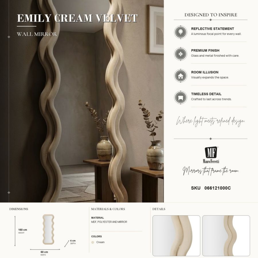 Spiegel Emily Cream Velvet 60×6×160 cm