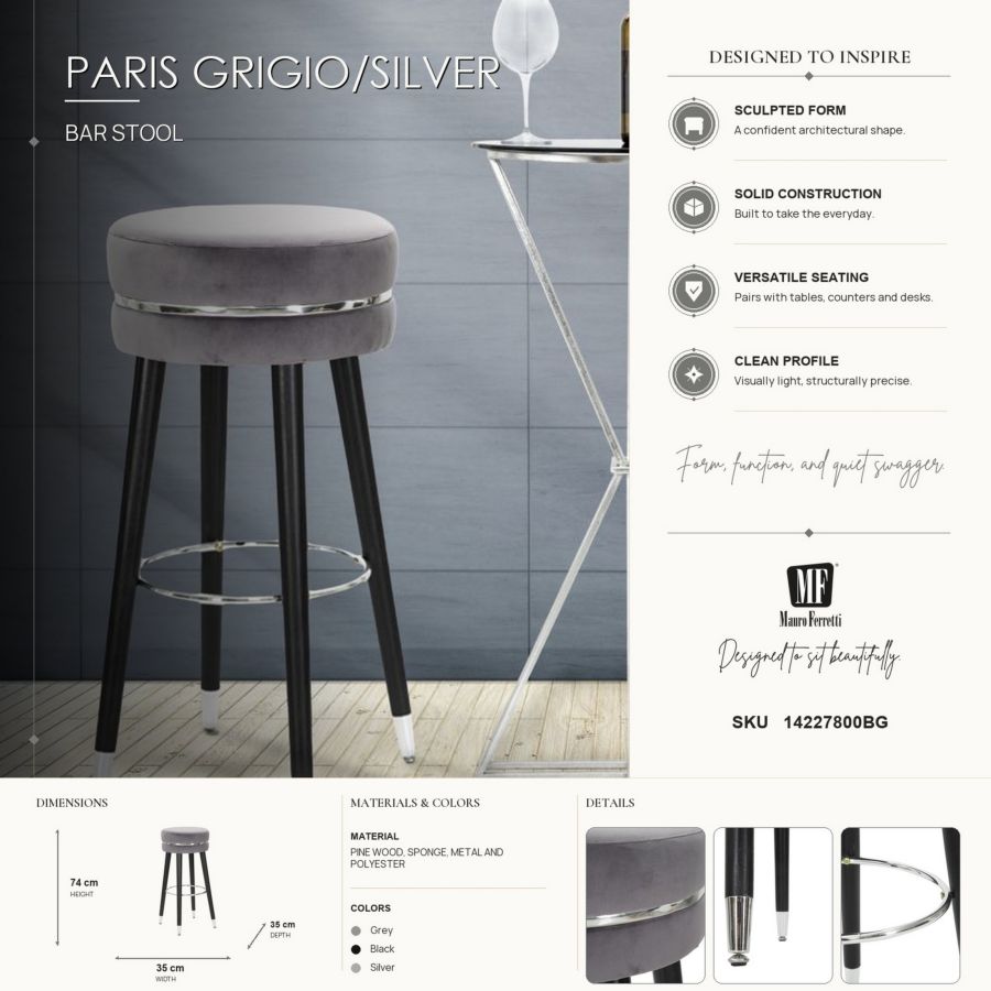 Barkruk Paris Grigio/silver Ø 35×74 cm