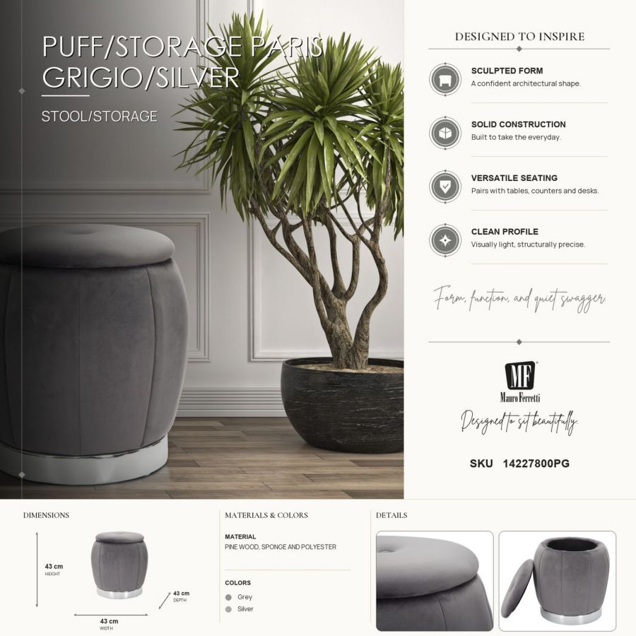 Opbergkruk Puff/storage Paris Grigio/silver Ø 43×43 cm
