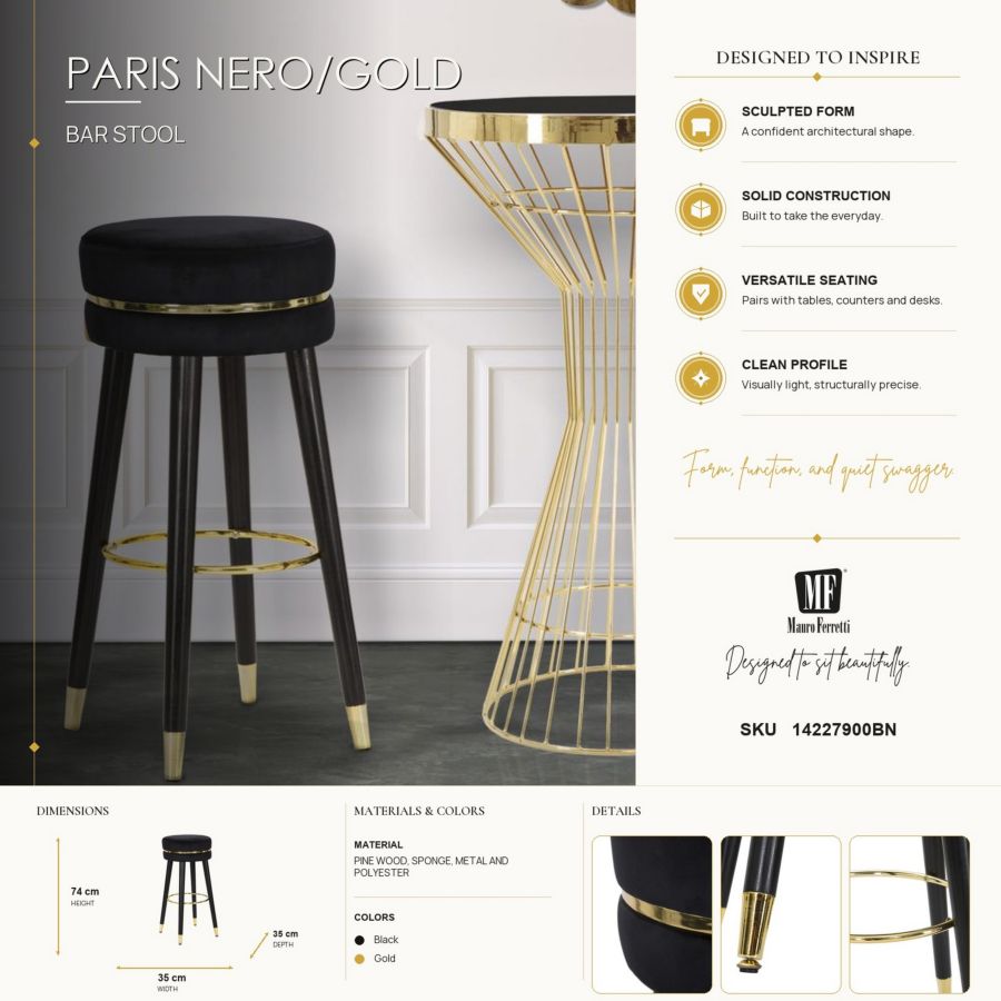 Barkruk Paris Nero/gold Ø 35×74 cm