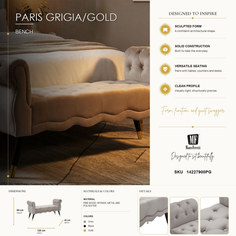 Bankje Paris Grigia/gold 120×40×60 cm