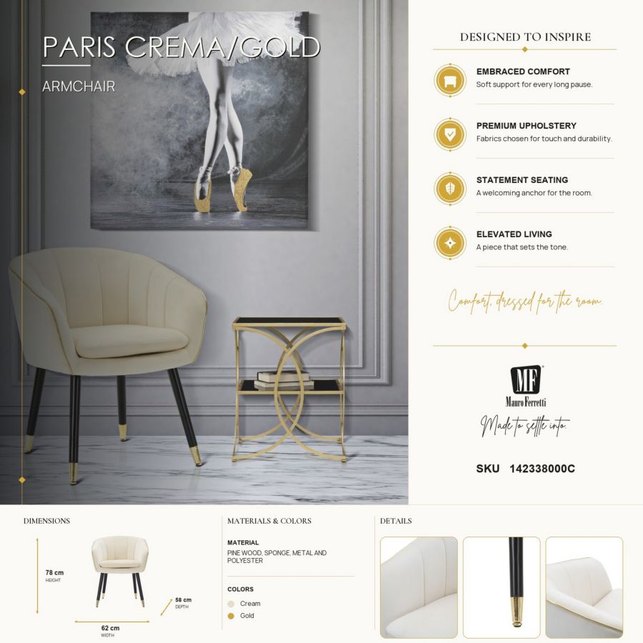 Fauteuil Paris Crema/gold 62×58×78 cm