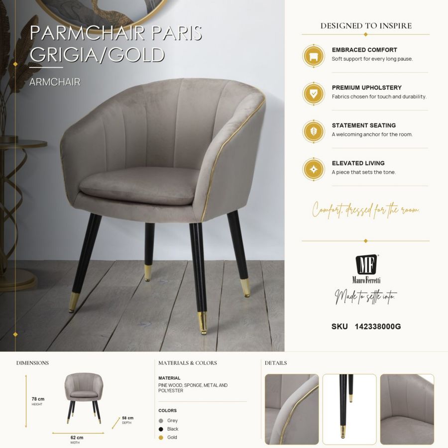 Fauteuil Parmchair Paris Grigia/gold 62×58×78 cm