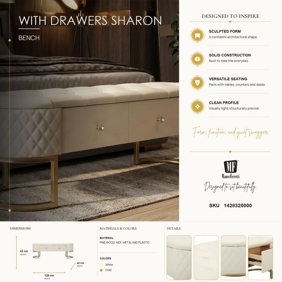 Bankje Drawers Sharon 120×40×43 cm