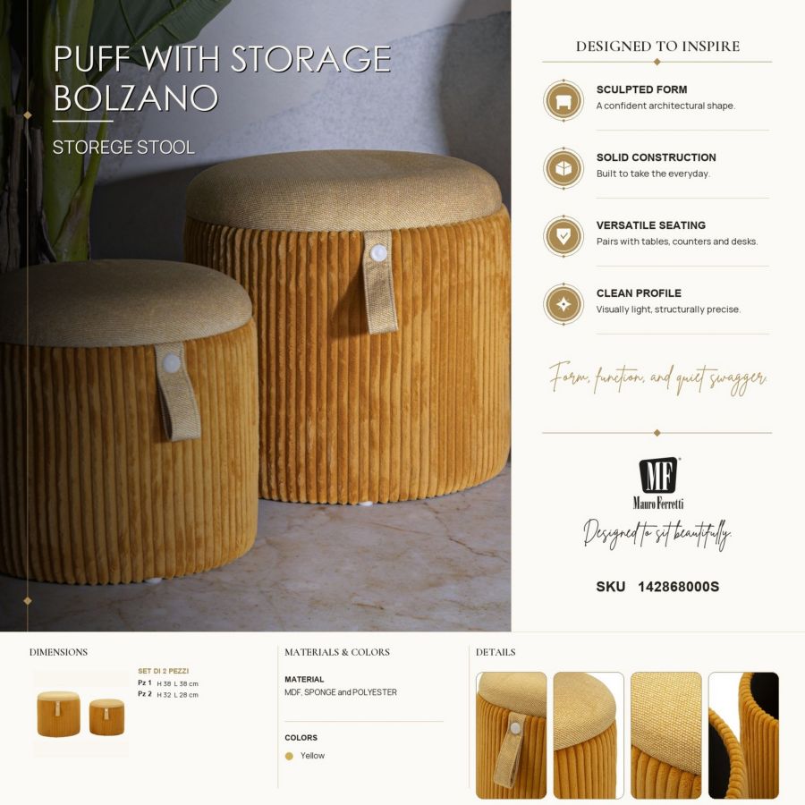 Opbergkruk Puff With Storage Bolzano Mustard Set 2 Pcs Ø 38×38 cm