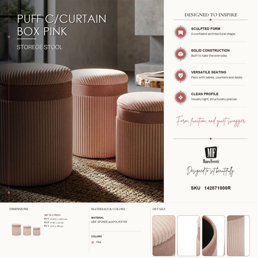 Opbergkruk Puff C/curtain Box Pink Set 3 Pcs Ø 40,5×49,5 cm