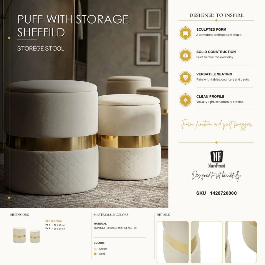Opbergkruk Puff With Storage Sheffild Cream Set 2 Pcs Ø 37×42 cm