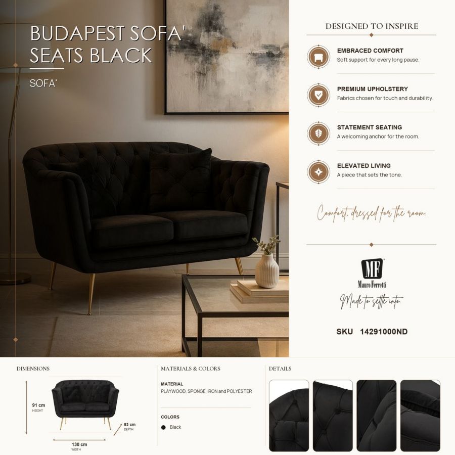 Bank Budapest Sofa' 2 Seats Black With Cushions 130×83×91 cm