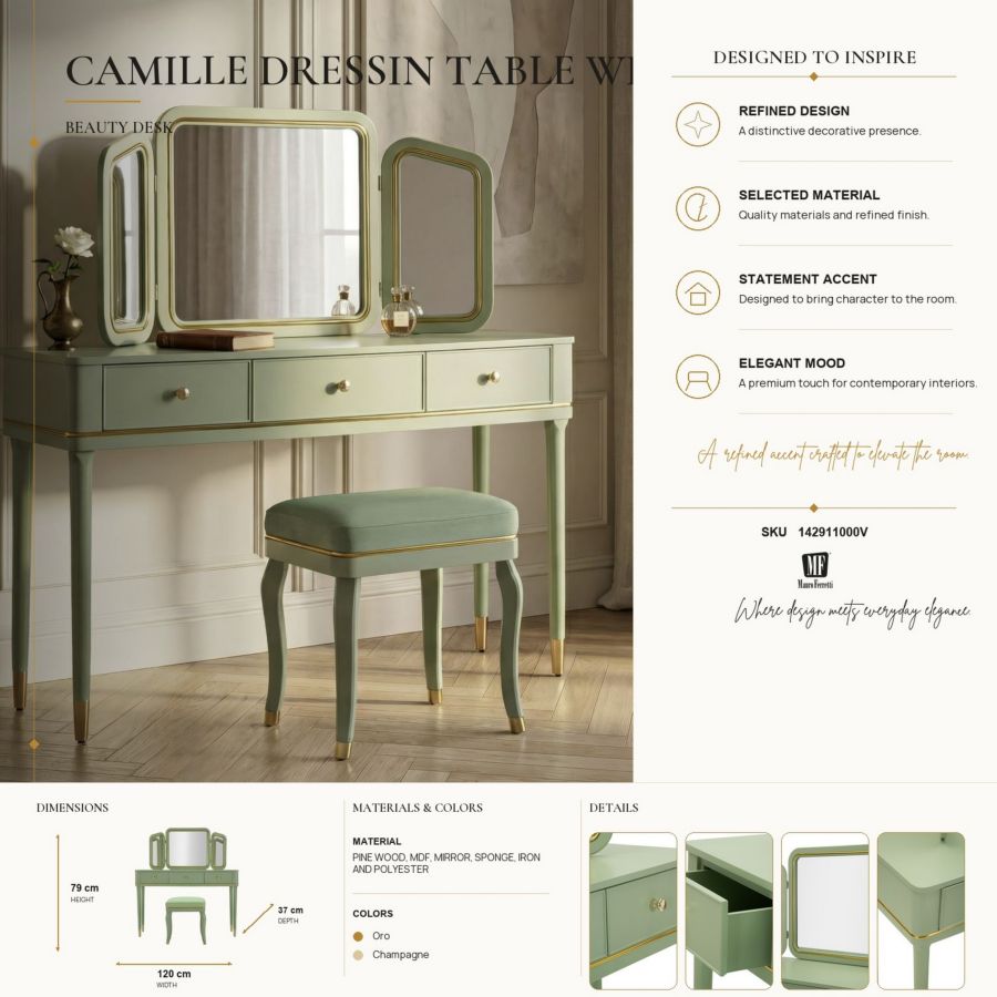 Kaptafel Camille Dressin Table With Mirror & Stool Green 120×37×79 cm