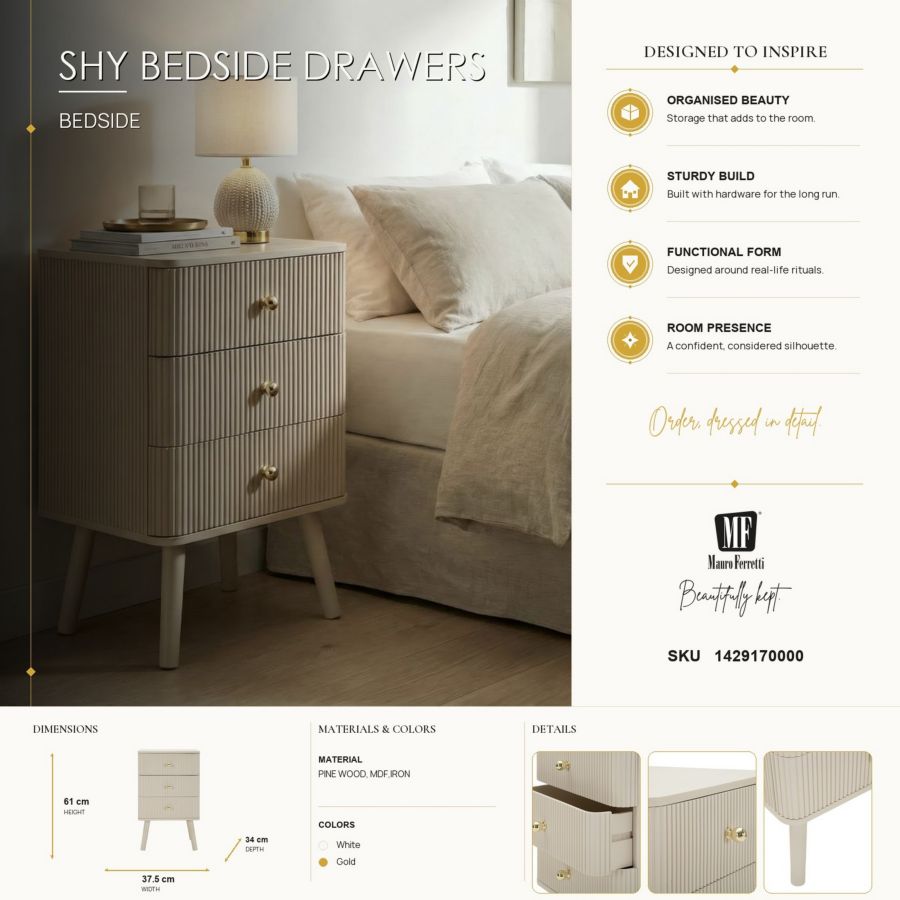 Nachtkastje Shy Bedside 3 Drawers 37,5×34×61 cm