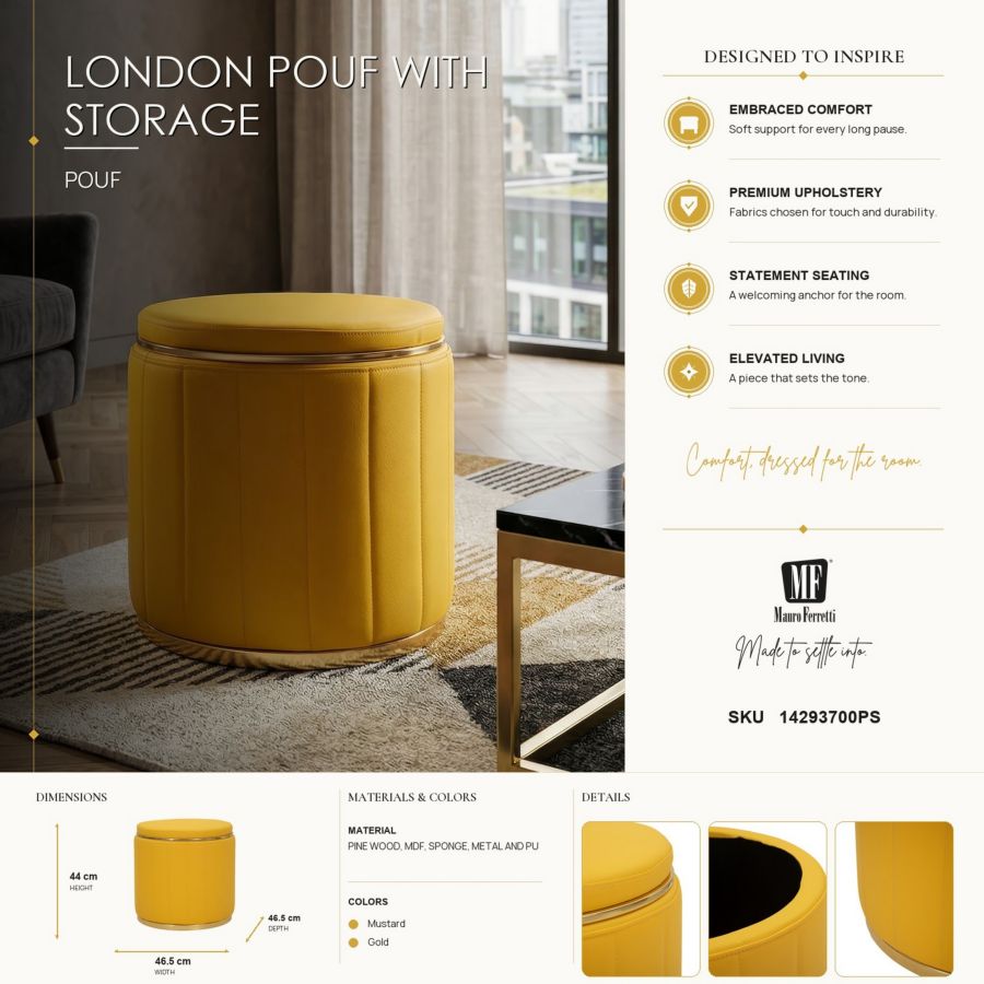 Poef London Pouf With Storage Mustard Ø 46,5×44 cm