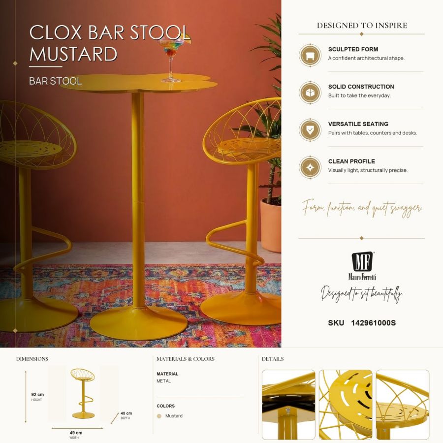 Barkruk Clox Bar Stool Mustard 49×45×92 cm