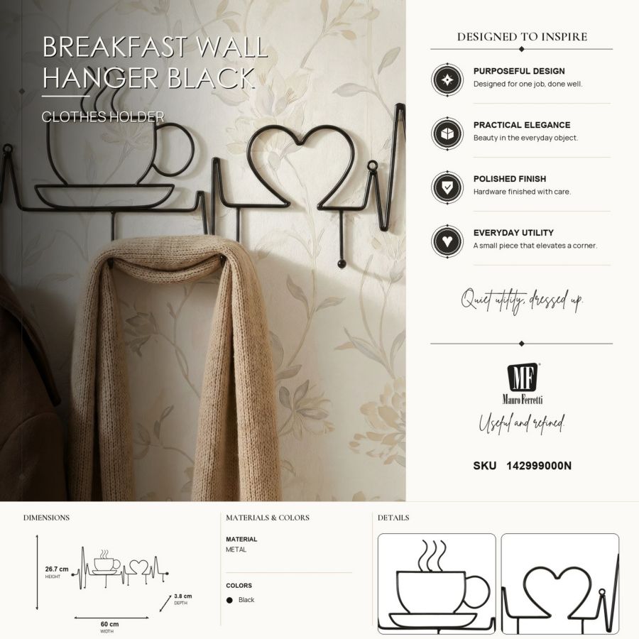 Kapstok Breakfast Wall Hanger Black 60×3,8×26,7 cm