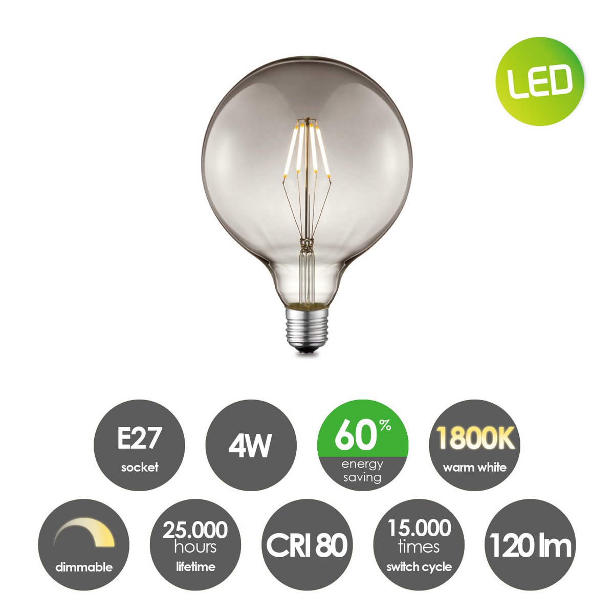 Home Sweet Home hanglamp Leonardo - 3 LED lamp G95 - dimbaar E27 rook