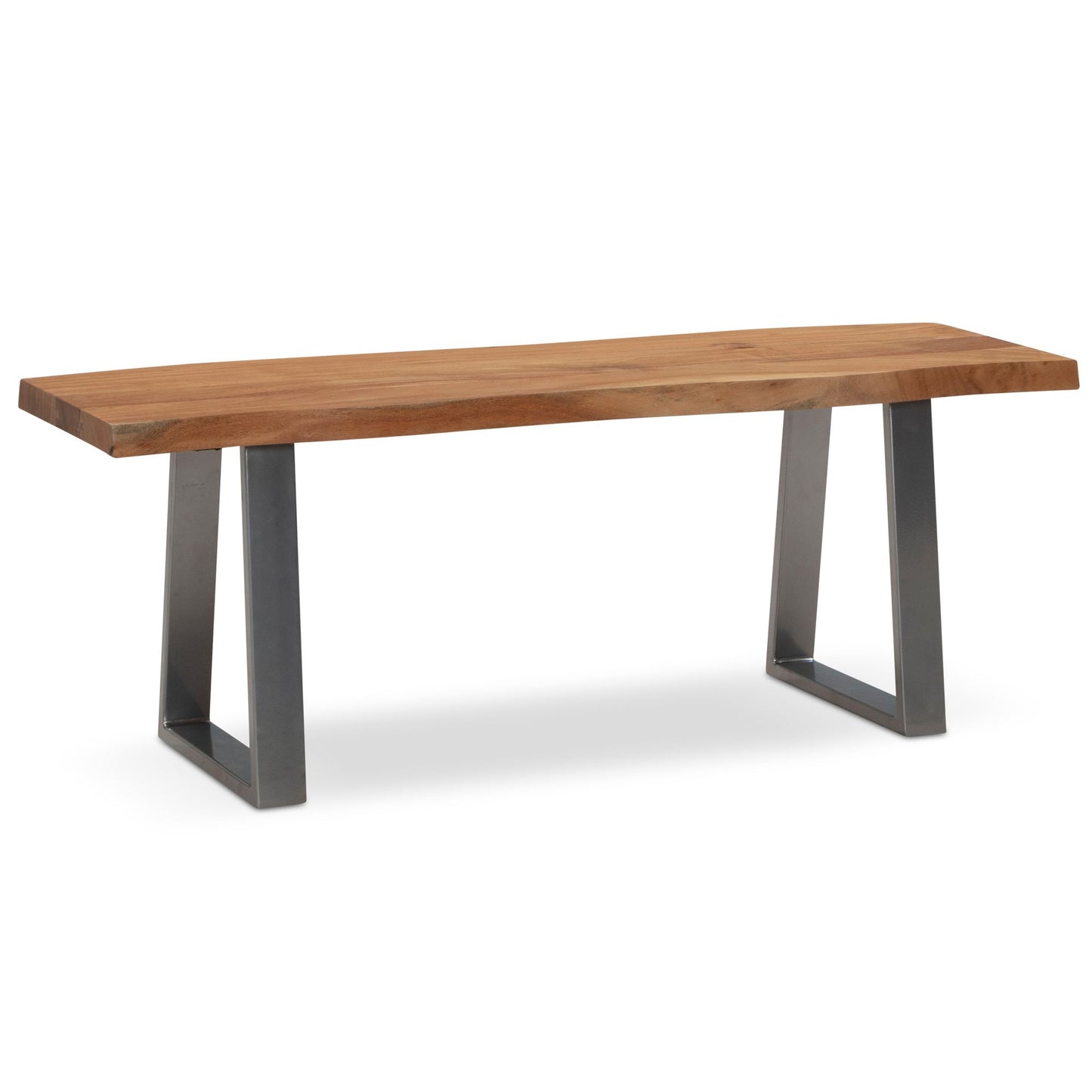 kledingkastbank 120x40x45,5 cm acacia massief hout / metaal met boomrand, halbank massief houten bank zonder rugleuning, halbank moderne entree kleine trapeziumpoten chroom