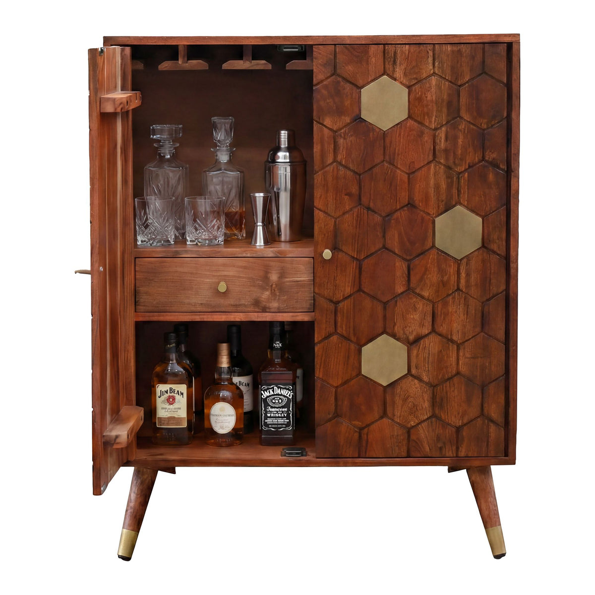 Barkast Acacia Massief Hout 75x96cm Bar Meubel met Honingraat Patroon