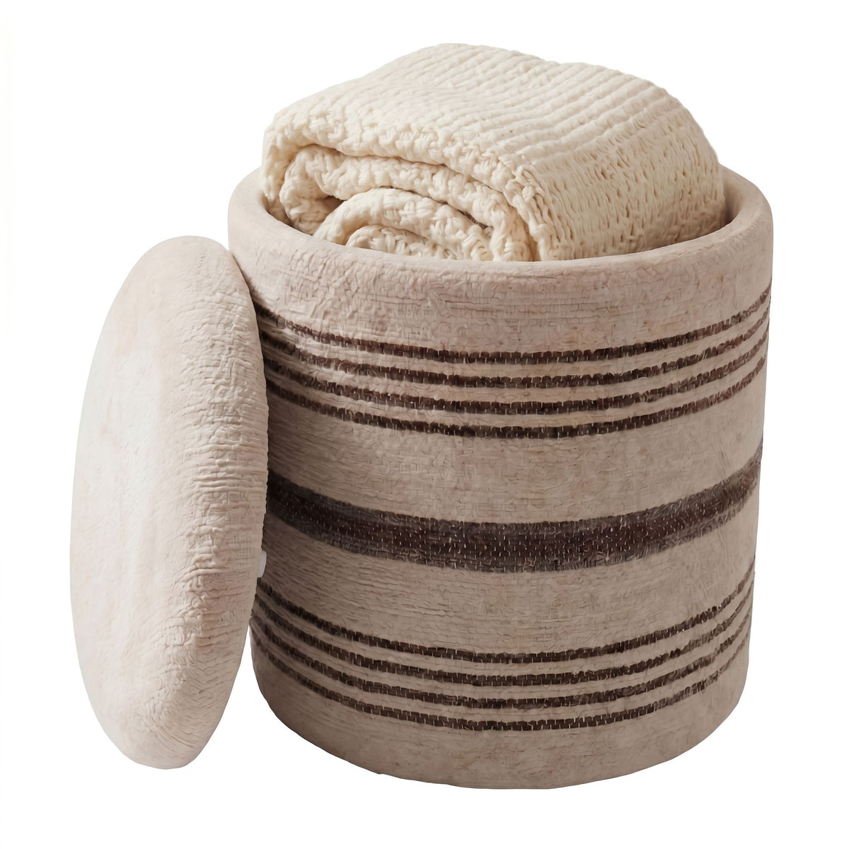 Zitkruk met Opbergruimte van Wol 40cm Beige Stof Rond