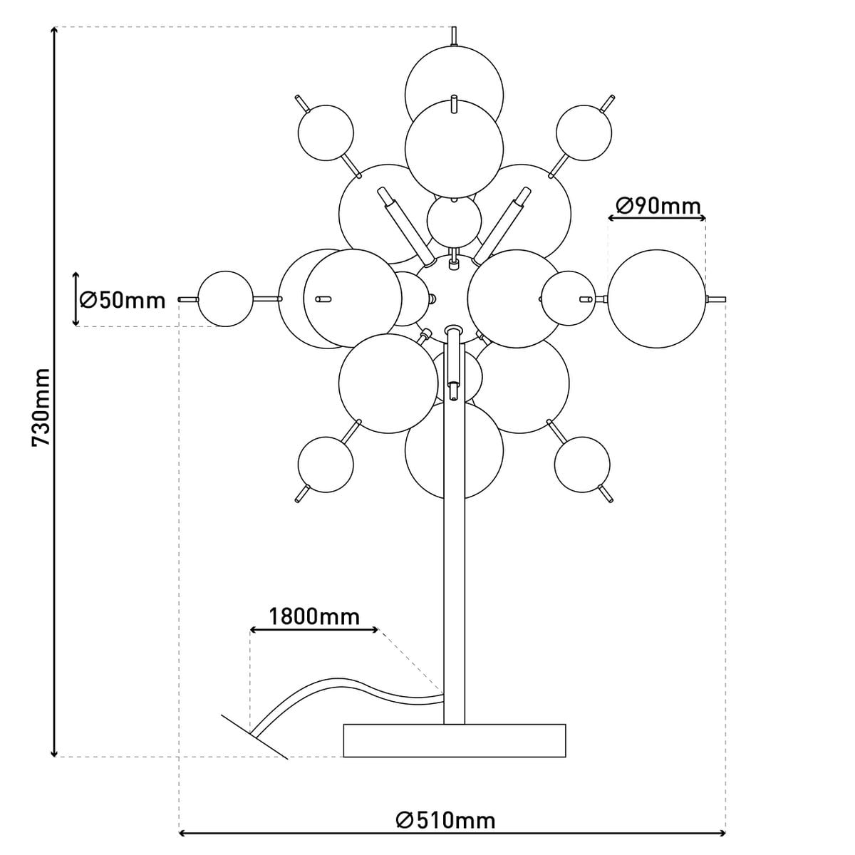 Tafellamp "explosie" pastelkleuren H: 73 cm