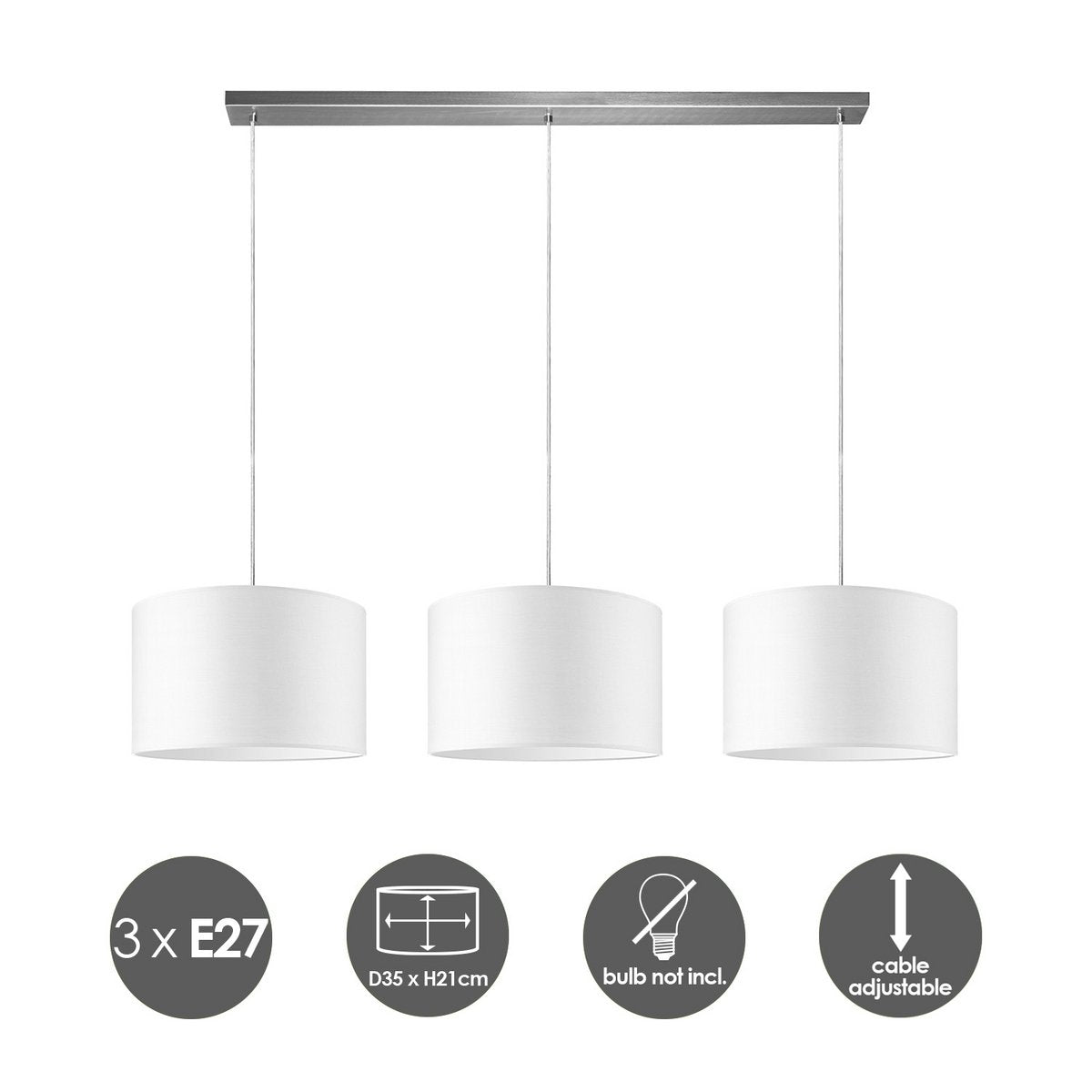 Home Sweet Home hanglamp Beam 3L, E27, wit Lampenkap, 35cm