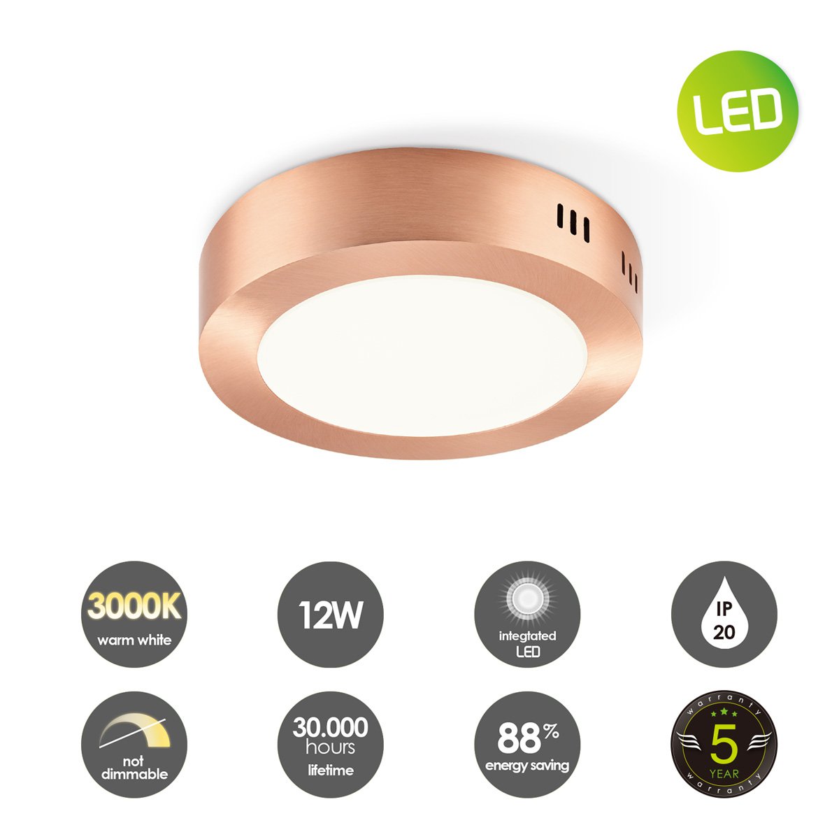 Home Sweet Home LED Plafondlamp Ska - Koper - Rond 17/17/3.6cm