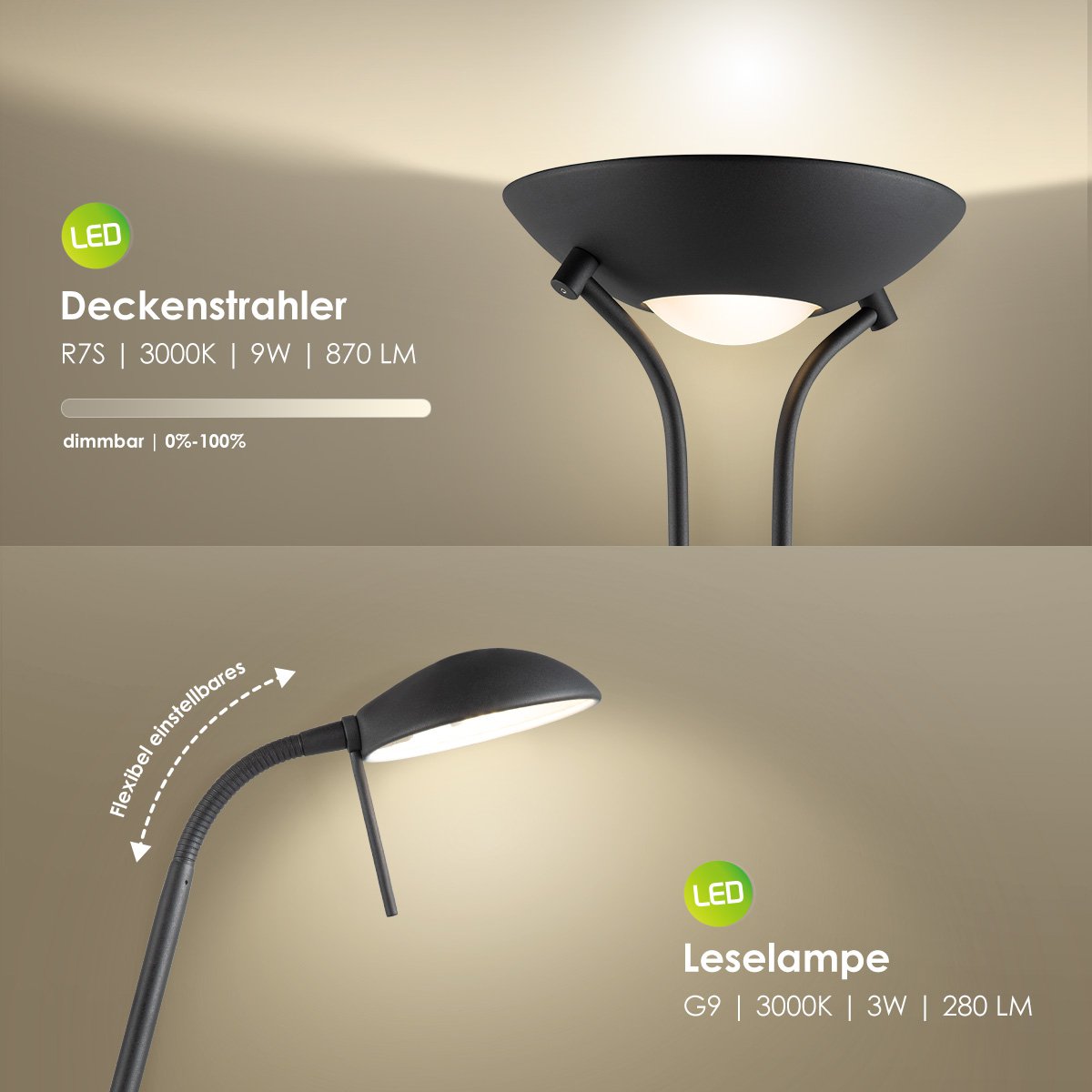 Home Sweet Home R7s + G9 LED Uplight Vloerlamp - Moderne Zwart