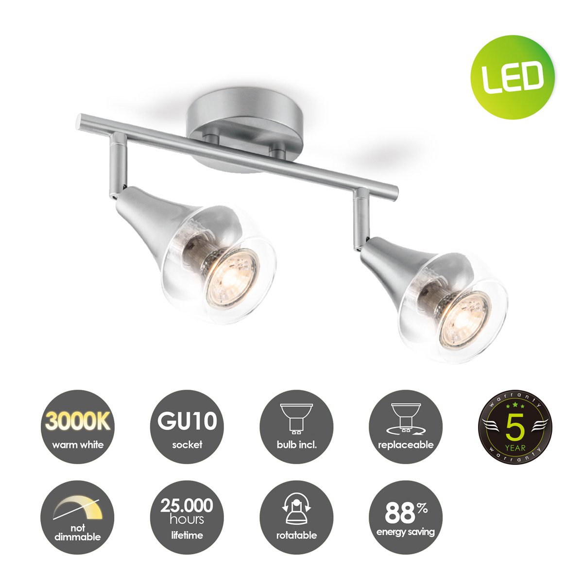 Home Sweet Home LED Opbouwspot Vaya 2 - incl. dimbare LED lamp - staal