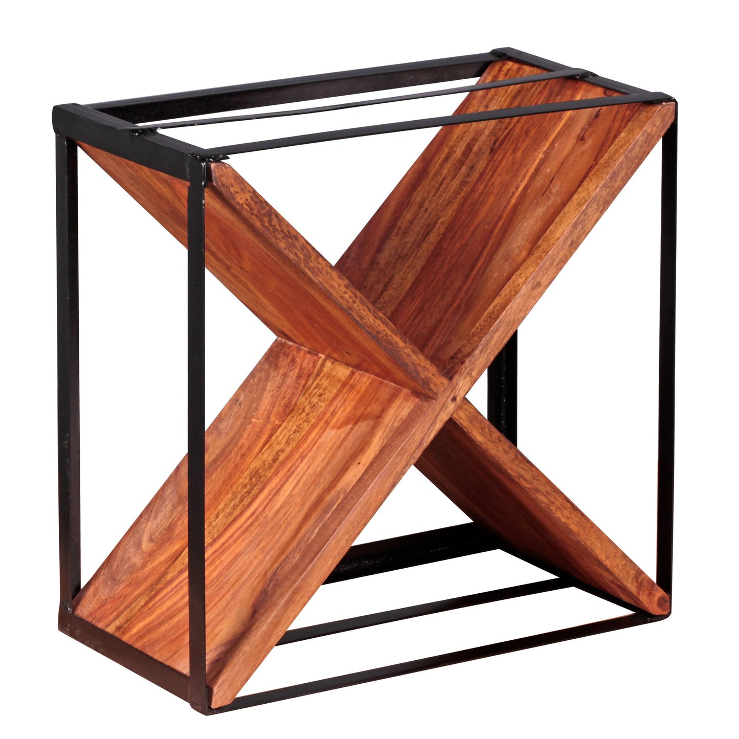 wijnrek massief hout Sheesham Wine Rack Stand plank voor ongeveer 16 flessen met metalen frame houten plank X-vorm