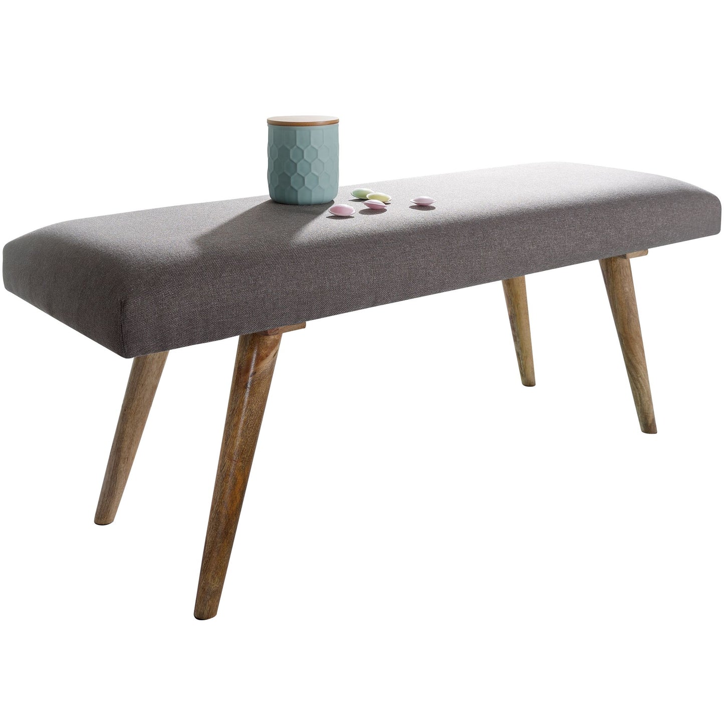 SALIM stof / massief hout Bench grijs 117x51x38 cm in retro-stijl | 2 gestoffeerde bankgang Gestoffeerde stoffen bank eetkamer bruin | Kleine bedbank katoen | Flurbank plank meubilair smal