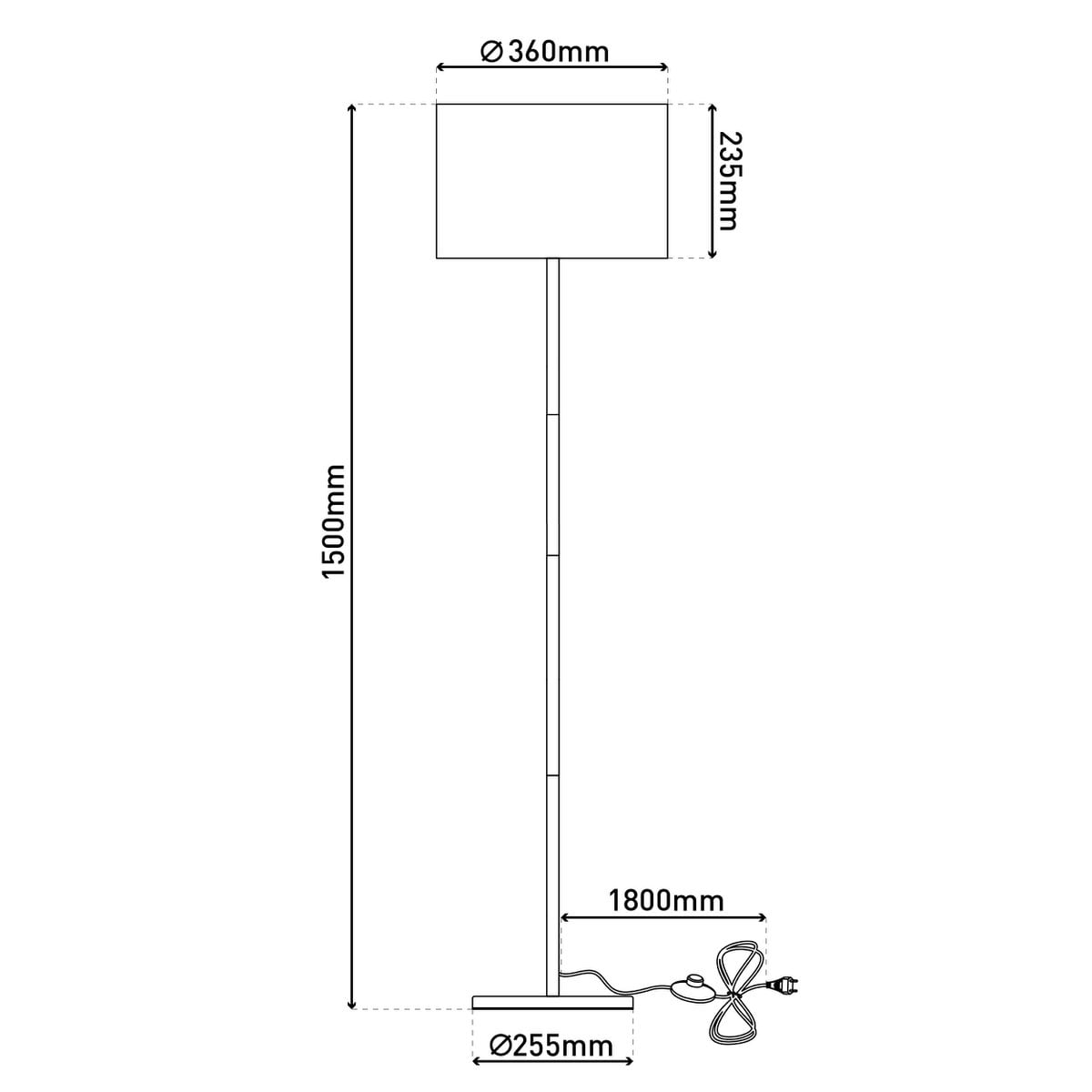 Textiel staande lamp "Tessile", vloerlamp gemaakt van metaal, rubberen boom en stof in zwart en natuur, E27 -aansluiting, 126 cm hoog