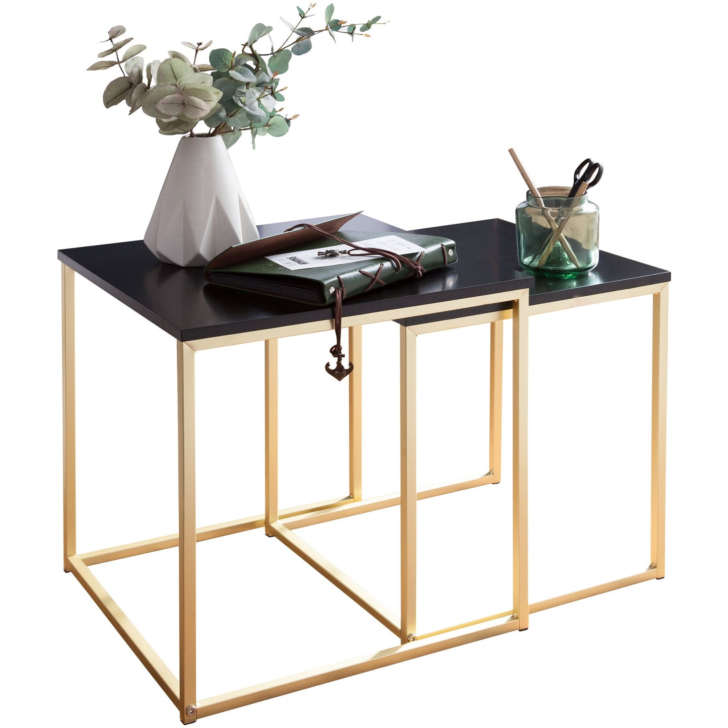 CALA zwart / goud bijzettafel MDF / metaal | Salontafel set van 2 tafels | Kleine salontafel | Metalen tafel met houten plaat | Opbergtafel modern
