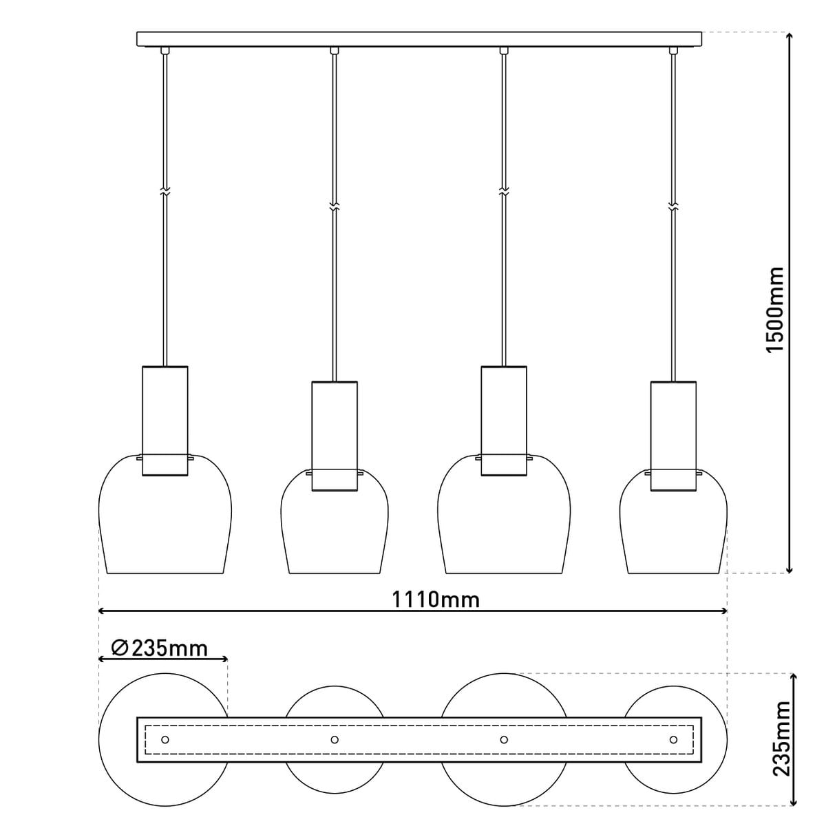 4-be hanger lamp "funda", retro hanger lamp gemaakt van amber-gekleurd glas en mat geborsteld, messing gekleurd metaal, met E27 verticals, 111 cm lang, 150 hoog, ideaal voor eetkamer, woonkamer en keuken.