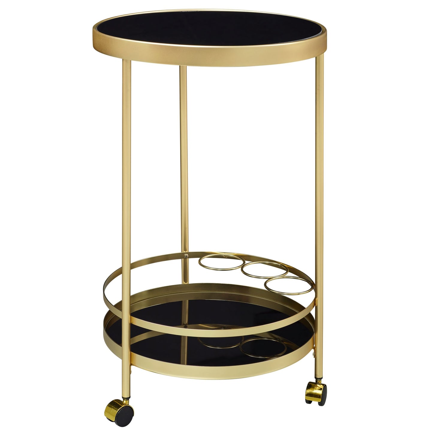 design trolley goud rond Ø 45cm 2 niveaus | Bijzettafel op wielen met glazen blad Zwarte restauratierijtuig | Keukenwagen | theewagen