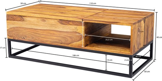 salontafel Sheesham massief houten banktafel van 110x40x50 cm met metalen poten | Salontafel tafelblad opvouwbaar | Houten tafel tafel industrieel ontwerp