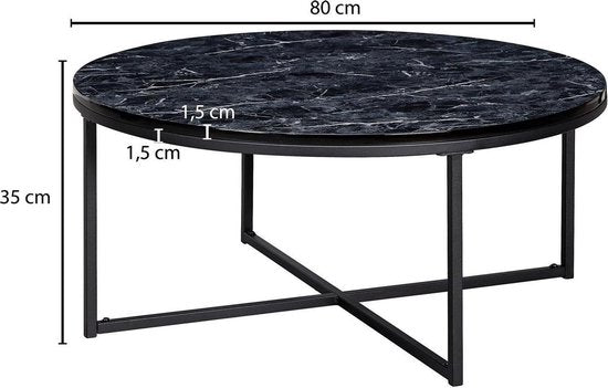 salontafel 80x36x80 cm met zwart marmerlook | Salontafel met metalen frame | Salontafel ronde tafel woonkamer | Zijtafel