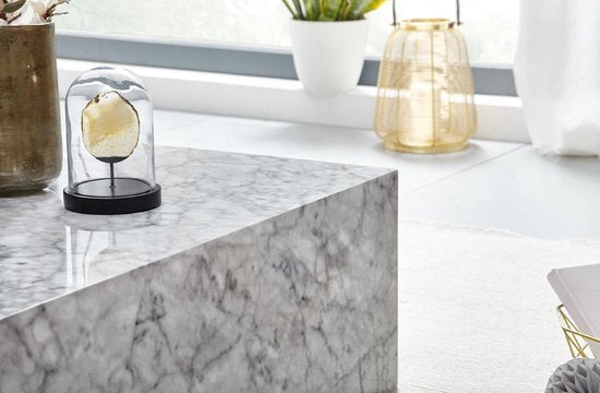 salontafel 100x30x50 cm MDF hoogglans met marmerlook wit | Design salontafel rechthoekig | Lounge bijzettafel Kubus tafel