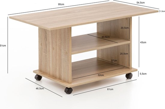 Design salontafel WL5.739 95 x 51 x 54,5 cm Sonoma Draaibaar met wielen | Salontafel Koffietafel | Salontafel Salontafel | Salontafel met opbergruimte