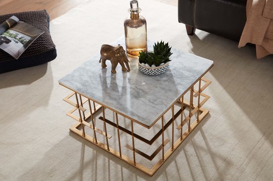 Koffietafel Echt Marmer en Metaal 55x55x35 cm Salontafel Wit Goud | Tafel Woonkamer Vierkant | Woonkamertafel Modern | Kleine Bijzettafel