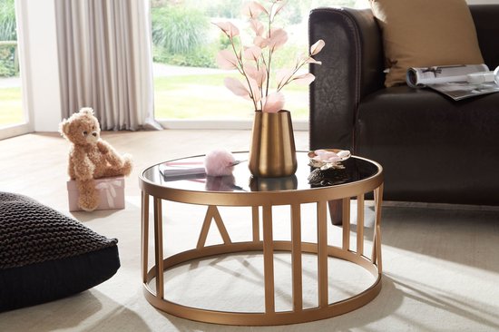 Koffietafel Glas en Metaal 60x60x30 cm Salontafel Goud | Tafel Woonkamer Rond | Woonkamertafel Modern | Kleine Bijzettafel