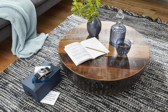 salontafel NISHA 70x33x70 cm hout / metaal salontafel van industriële installaties | Salontafel met draadmand | Salontafel met metalen frame | Clubtafel Lounge-tafel | Ontwerp Stubentisch rond