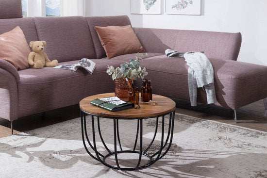 COFFEE TABLE MANORA 60x39x60 cm Sheesham solid wood / metal rattan table | Design coffee table | Coffee table Round | Living room table Industrial Brown | Wooden table coffee table solid | Living room with table