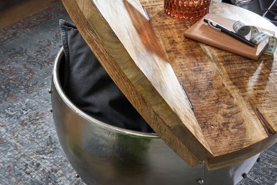 salontafel Mango massief hout / metaal 60x43x60 cm industriële stijl rond | Design salontafel met opbergruimte | Moderne salontafel salontafel zilver