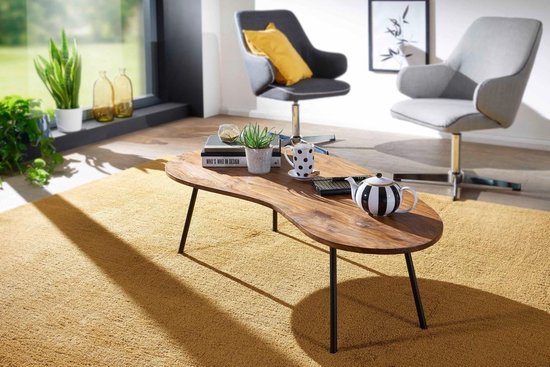 Designer coffee table KASI 122x36x63 cm Sheesham with metal legs Black | Kidney table Solid wood Grey | Wooden table legs Metal | Cool solid wood table | Table flat modern