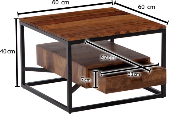 Koffietafel Massif Sheesham-Hout en Metaal 60x60x40 cm Salontafel | Tafel Woonkamer Vierkant met Lade | Kleine Woonkamertafel Bijzettafel