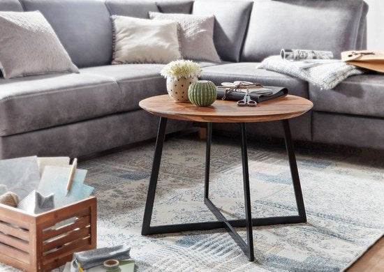 salontafel 60x60x45 cm massief sheeshamhout / metalen salontafel rond | Design salontafel salontafel massief | Kleine tafel bijzettafel woonkamer modern