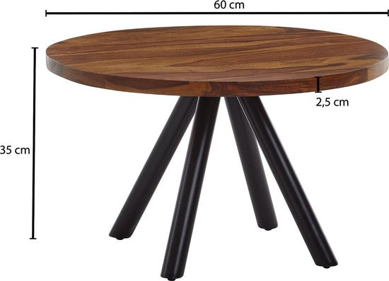 salontafel 60x60x35 cm massief sheeshamhout / metalen salontafel rond | Design salontafel salontafel massief | Kleine tafel bijzettafel woonkamer modern
