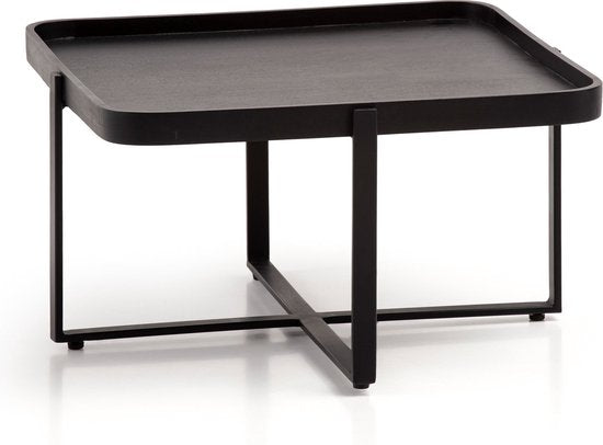 Salontafel 65x65x35 cm Mango Massief Hout / Metaal Zwart Sofa Tafel Vierkant | Design woonkamertafel met opstaande rand | Industriële salontafel woonkamer met afgeronde hoeken