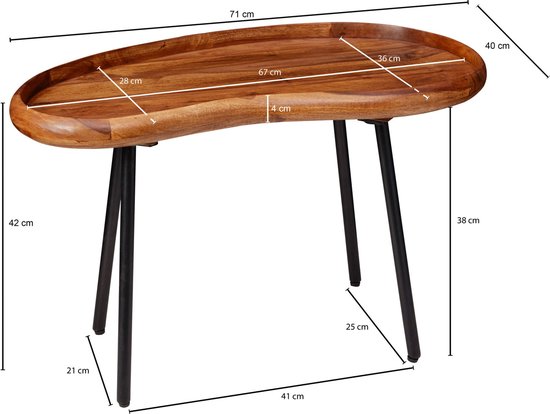 salontafel WL5.670 71x42x40 cm Sheesham massieve zitbank niervorm met metalen poten | Salontafel massief hout | Kleine niertafel echt hout | Stubentisch Holz | Bijzettafel Modern