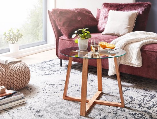 salontafel 58x58x47 cm massief eiken salontafel / rond glas | Design salontafel modern | Houten tafel, kleine kamertafel | Salontafel tafel woonkamer echt hout