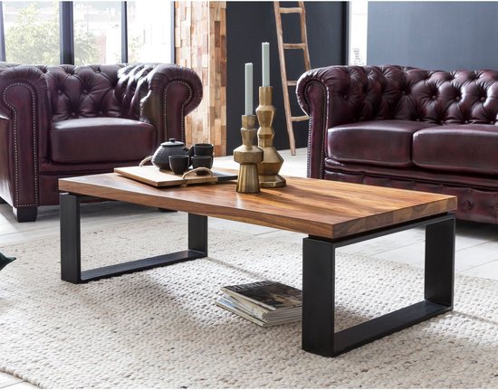 Salontafel WL5.650 Sheesham Massief houten salontafel 115x35x60 cm met metalen frame | Salontafel rechthoekig massief hout bruin | Houten tafel modern | Woonkamer met tafel