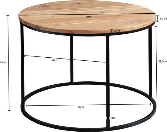 salontafel 60x43x60 cm acacia massief houten / metalen salontafel | Design woonkamer tafel rond | Massieve salontafel | Kleine tafel woonkamer